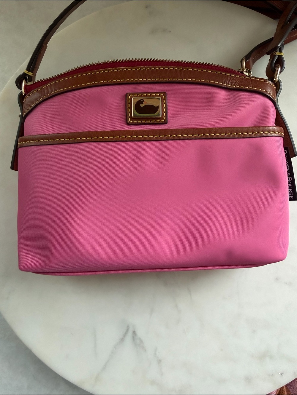 Dooney & Bourke wayfarer Pink Nylon Domed Crossbody with Brown Leather Trim
